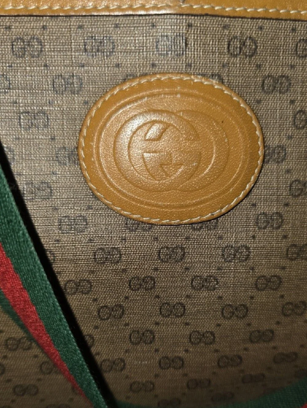 Gucci Brown GG Canvas Tote with Green and Red Web Straps, Vintage And Cared For